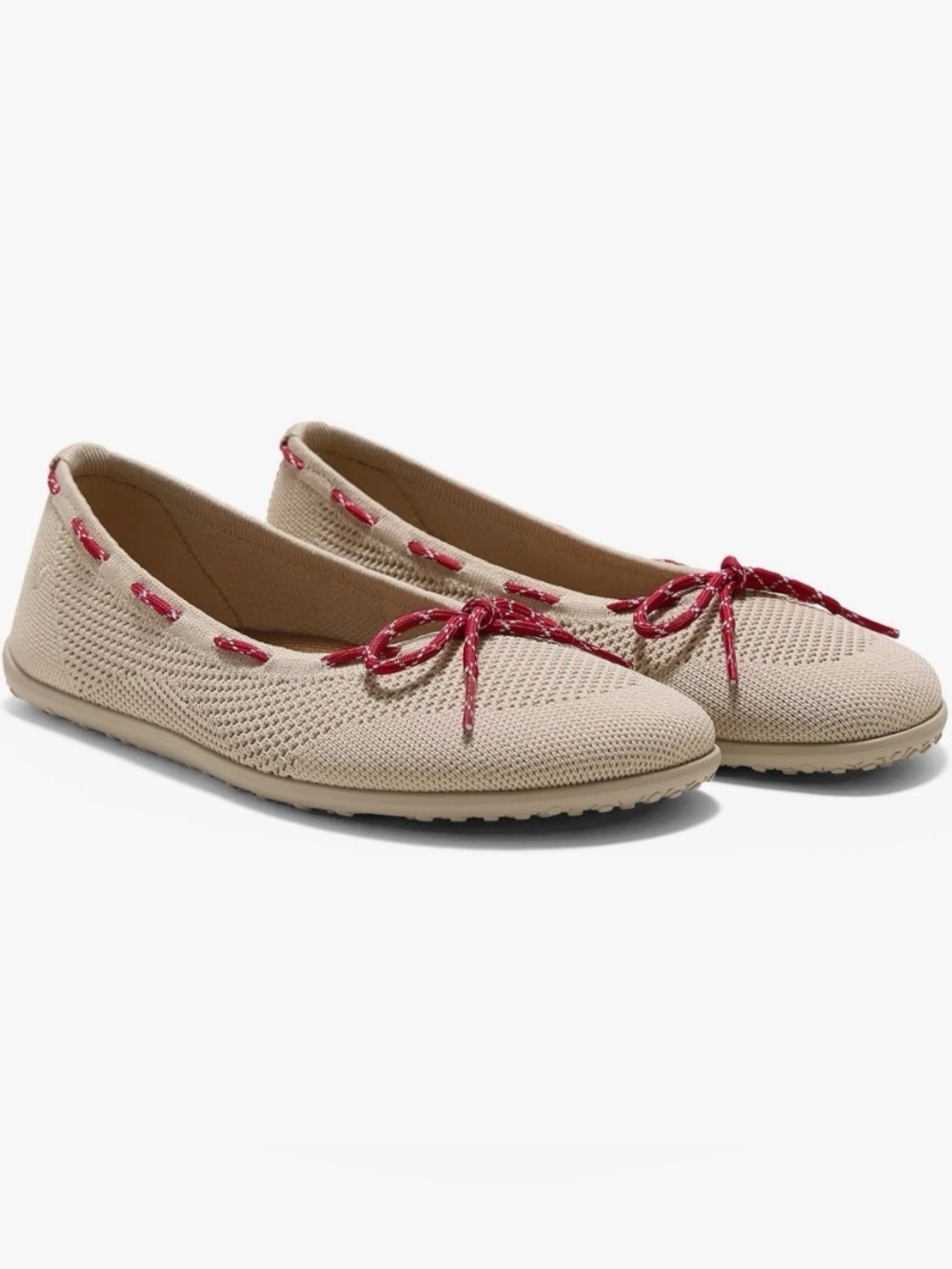 Beige Knit Ballet Flat with Red Trim
